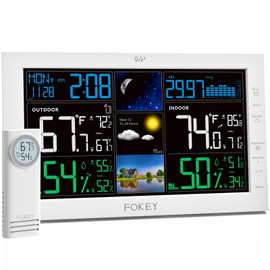 Fokey Weather Station Wireless Indoor Outdoor, Indoor Outdoor Thermometer Wireless, Home Atomic Clock Weather Stations, Digital Temperature Humidity Barometer Inside Outside Thermometers, White