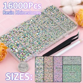 16000Pcs Resin Rhinestones with Tweezers for Crafting, AB 2-6mm Mixed Sizes Bedazzling Crystal with 3Pcs 10ml B7000 Jewelry Glue for DIY Crafts Clothing Tumblers Shoes Fabric Nail Art