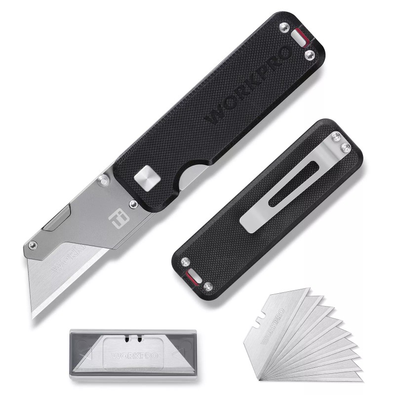 WORKPRO Premium Titanium Utility Knife, CNC Unibody w/10 Extra Blades
