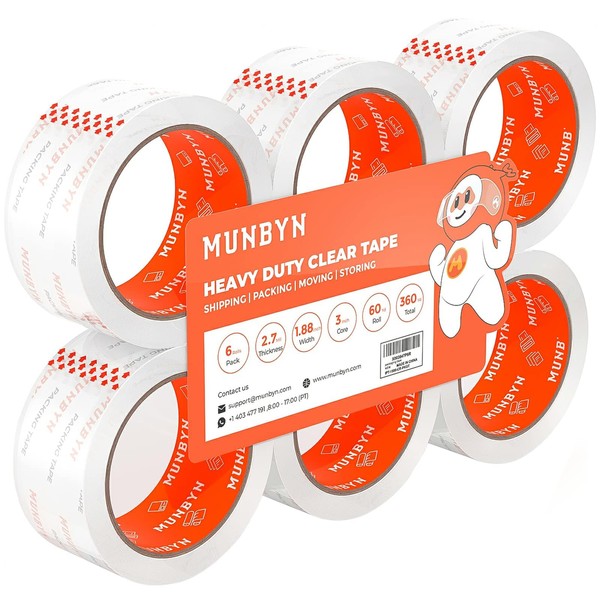 MUNBYN Packing Tape, Heavy Duty Shipping Tape with Total 360 Yards, 2.7mil, 1.88" *60 Yard(Per Roll) Great for Shipping Packing Moving Mailing Office Storage, Clear Tape Refill for Dispenser
