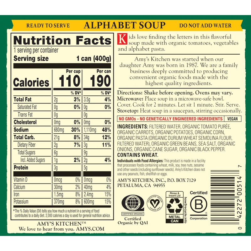 Amy’s Soup, Vegan Alphabet Canned Soup, Low Fat, Made With