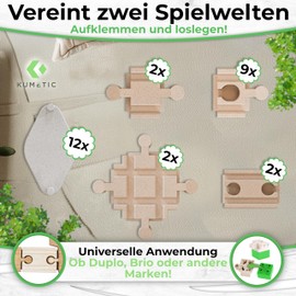 KUMETIC Builder Set of 27 Adaptor Blocks in Wood Look Suitable for Brio Rails & Duplo® as well as all other Wooden Trains + Clamping Blocks - Made in Germany