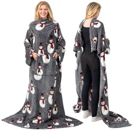 PAVILIA Snowman Christmas Fleece Wearable Blanket with Sleeves for Adults Women Men, Soft Warm Full Body Wrap Throw, Sweatshirt Pocket, Cozy Pullover Robe Blanket with Arm, Gifts for Mom Wife