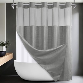SORTTO No Hook Shower Curtain with Snap in Liner Set Waffle Shower Curtain for Bathroom Hotel Style Fabric Waterproof Inner Liner，71" W x 74" H, Grey