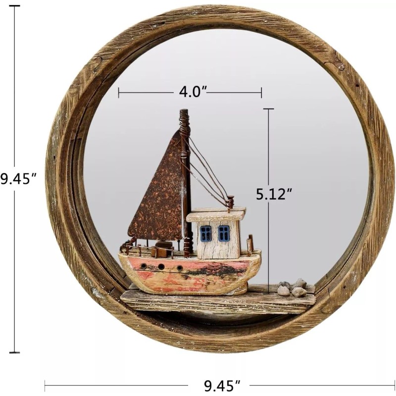 YK Decor Nautical Wood Wall Decoration Hanging Circle Mirror