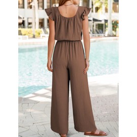 Dokotoo Girls Dressy Jumpsuits One Piece 2025 Summer Crew Neck Boho Jumpers Drawstrings Adjustable Waisted Petite Wide Leg Vacation Outfits Plus Size with Pockets,Coffee XX-Large