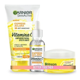 Kit Garnier Express Aclara Rutina anti manchas con Vitamina C Srum facial, crema hidratante y gel limpiador, 3 piezas. Hidrata, ilumina y unifica el  