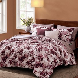CASAAGUSTO Full Comforter Set, 7 PCS Purple Willow Leaf Floral Comforter Set with Flowers Leaves Pattern, Soft Seersucker Design All Season Full Size Bedding Set(80"X90")