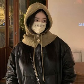 Knit Balaclava Hood Hat Neck Warmer Earmuffs Scarf for Winter Warmth - Free Size (lf3315) Beige 4ea