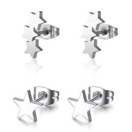 LEEQBCR 2 Pairs of Women's Girls Anti-Allergy Star Earrings, Small Asymmetrical Earrings, 925 Silver, Gifts for Women, Girlfriend, Mother, Girls (Silver), Silver