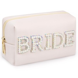 besharppin Preppy Makeup Bag, Synthetic Leather Patch Cosmetic Bag with Stuff Chenille Letter for Travel (Cream)