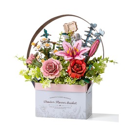Rowood Wooden Flower Basket, Artifical Flowers Bouquet Building Set Craft Kits for Asults,DIY 3D Wooden Puzzle Botanical Collection,Unique Gift on Wedding/Mother's Day/Valentines Day/Birthday