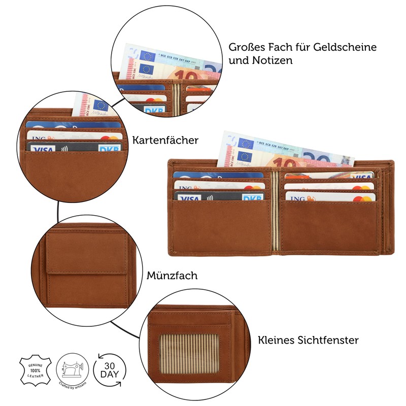Gusti Foster Men's Leather Wallet RFID Protection Brown Leather, hazelnut,