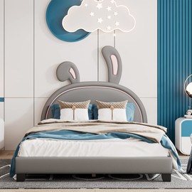 Merax Full Size Upholstered Leather Platform Bed with Bunny Ears Headboard, Platform Bed Frame with Rabbit Ornament for Kids, Child's Bedroom, No Box Spring Needed, Gray