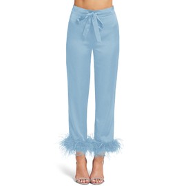 Women's Silk Satin Pajama Set Feather Trim Bridal Long Sleeve Pocketed Lounge Sets Sleepwear (Removable Feather) Blue