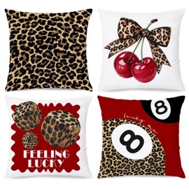 Nipil Trendy Leopard Cheetah Bow Cherry Pillow Covers 18x18 Set of 4, Red Preppy Cheetah Leopard Print Dice Lucky 8 Ball Room Decorative Throw Pillow Covers for Girls Bedroom Dorm Apartment