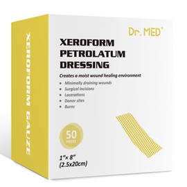 Dr.Med Xeroform Petrolatum Dressing Patch, 1"x8"-50 Pcs/Box, Non-Adherent Gauze Dressings, for Minor or Partial Thickness Burns, Lacerations, Skin Graft Recipient Sites, Newly Sutured Wounds