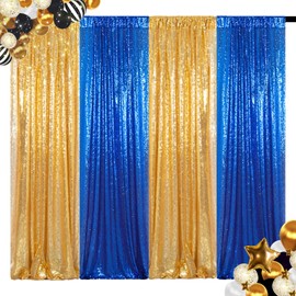 ShinyBeauty Blue and Gold Sequin Sparkle Photo Backdrop 2x8FT (4 Panels) - Wall Decor for Weddings, TikTok Videos, Birthday Parties, Baby Showers & Live Streams