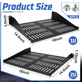 2 Pcs 1U 2U Server Rack Shelf Universal Vented Rack Mount Shelf 19 Inch Network Server Mounting Tray for Air Circulation Network Equipment and Cabinet Wall Mount, 14.5 Inch Deep