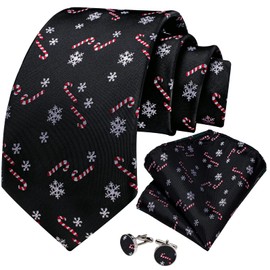 DiBanGu Black Ties for Men Christmas Snowflake Neck Tie and Pocket Square Set with Cufflinks Theme Party Formal Festival