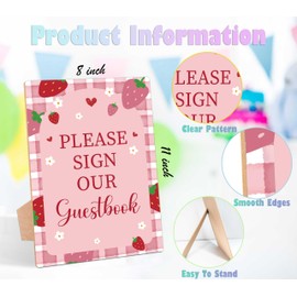 Strawberry Baby Shower Table Sign, Please Sign Our Guestbook Sign, Pack of 1 Wooden Tabletop Sign with Stand, Berry Baby Shower Supplies, Gender Reveal Party Decorations - RG61