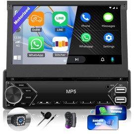 Single Din Touchscreen Car Stereo with Wireless Carplay&Android Auto,7 Inch Car Radio Flip Out MP5 Play with BT FM Radio EQ Mirror Link Car Audio with USB/TF/AUX-in SWC+Backup Camera+Microphone