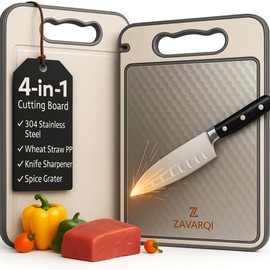 ZAVARQI Stainless Steel Cutting Board for Kitchen - Double Sided Metal Non Toxic Cutting Board, 304 Stainless Steel and Wheat Straw PP Chopping Board with Juice Groove & Garlic Grinder (Textured)