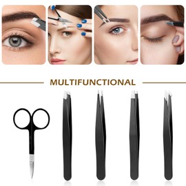 RISVOWO Stainless Steel Eyebrow Tweezers and 1 Scissors Set, Pointed Tweezers, Straight Slanted Tip Plucking Tweezers for Removing Blackheads, Ingrown Hair
