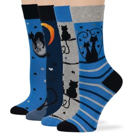7BIGSTARS KINGDOM Women's Cotton Fun Socks - 4 Pack Large - Cat- Moon - Heart Tail-Sock Size 10-12 Shoe Size 8-12, Black, Navy, Blue, Grey