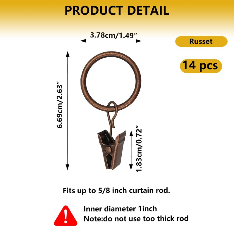Curtain Rings with Hooks 14 Pack - Rustproof Metal Drapery