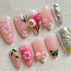 MAGLFELL Press On Nails - Medium Almond Handmade Unique Fake Nails, Cute Bow Nails, Thick Acrylic and Muti-Layer Gel False Nails, Reusable Gel Cured Sturdier 3D Fake Nails,DIY Art Decorate