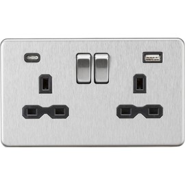 13A 2G SP Switched Socket with Dual USB A+C (5V DC 4.0A shared) - Brushed Chrome with Black Insert