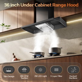 Zomagas Under Cabinet Range Hood 36 inch, Ducted/Ductless Vent Hood with 2 Speeds Fan, Black Range Hood with Rocker Button Control, Kitchen Hood 280CFM, Bright LED Light