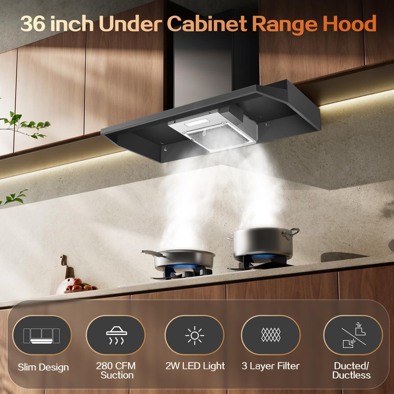 Zomagas Under Cabinet Range Hood 36 inch, Ducted/Ductless Vent Hood