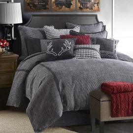 HiEnd Accents Hamilton Juego de edredón de 4 piezas, juego de cama de tweed blanco y negro, tamaño súper king, juego de cama de lujo rústico Cabin Lod