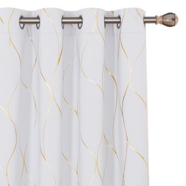 Deconovo Gold Wave Print Blackout Curtains for Bedroom, Thermal Insulated Curtains for Living Room, Room Darkening Drapes (Greyish White/Wave, 52x96 Inch, 2 Panels)