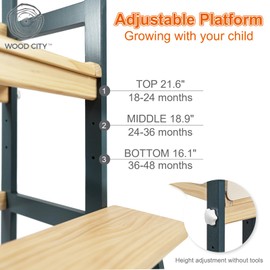 WOOD CITY Toddler Standing Tower, 3 Adjustable Heights Kids Kitchen Step Stool with CPC Certification, Equipped with Removable Safety Anti-Fall Net, Suitable for 18 Months and Up (Natural-Deep Blue)