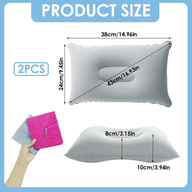 Pack of 2 Inflatable Pillows, Pink and Grey, 38 x