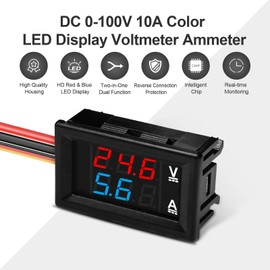 Exqutoo 2Pack 0.28" Digital Voltmeter Ammeter DC 0-100V 10A, Red & Blue Dual LED Display Panel with Connect Wires, 2 in 1 Volt Amp Monitor Tester Used for Electronic Circuit Experiments EV Cars Boats