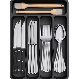 Silverware Drawer Organizer Tray, Plastic Cutlery Storage for Kitchen Drawer, Flatware and Utensil Holder Divider for Spoons Forks Knives Tableware, 5 Compartment, Black - Color: White