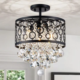 WUZUPS Crystal Drum Chandelier Flushmount Ceiling Light Modern Lighting Fixture for Entry Hallway Kitchen Bathroom Bedroom, H 16.3'' x W 13'', E12 Base, Black
