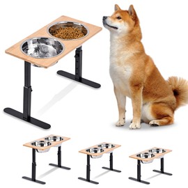 Elevated Dog Bowls,Cats and Dogs Raised Food Feeding Dishes with 2 Stainless Steel Bowls,3 Height Adjustable,Protects Spine,Prevent Vomiting,Anti-Mold Bamboo Stand Feeder Station