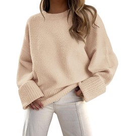 PRETTYGARDEN Women's Fall Oversized Sweaters Casual Crewneck Pullover Long Sleeve Fuzzy Chunky Knit Tops Blouse (Apricot,Large)
