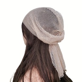 Munyee Hua Rhinestone Head Scarf for Women Bling Sparkly Hijab Stretchy Rave Turban Hat Handmade Headband Crystal Mesh Cap Hair Snood Nets Vintage Dress Concert Headpiece(Nude Pink)