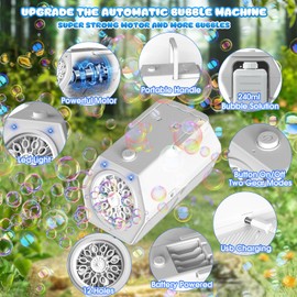 PANACARE Automatic Bubble Machine Portable Bubble Blower with LED Lights /240ml Bubble Solution/10000+ Bubbles Per Minute/12Holes Bubble for Outdoor/Indoor Wedding Party Birthday Gifts