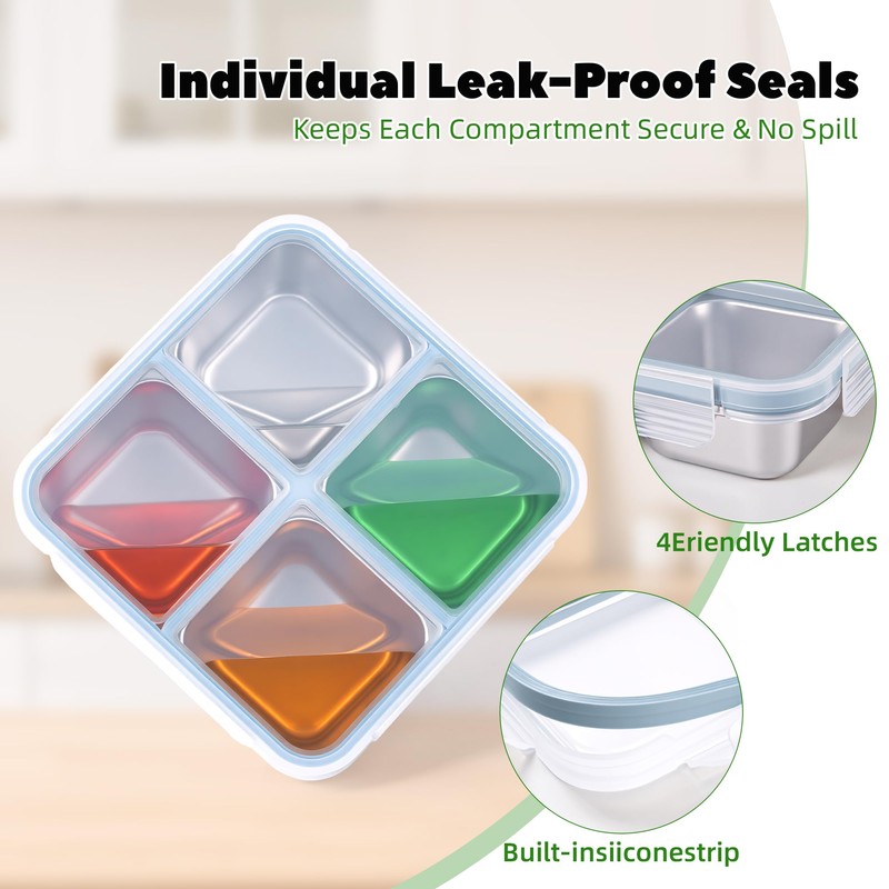 4 Pack Stainless Steel Snack Containers, 4 Compartments，24 oz，Leak-Proof