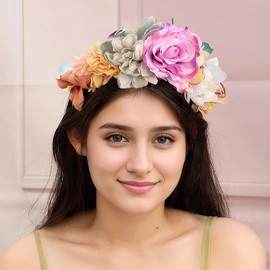 Yheahin Boho Flower Crown Headband for Women Handmade Rose Floral Hair Band Beach Bridal Wedding Party Flower Headpiece Festival Photo Props (Flower 2, Elastic)