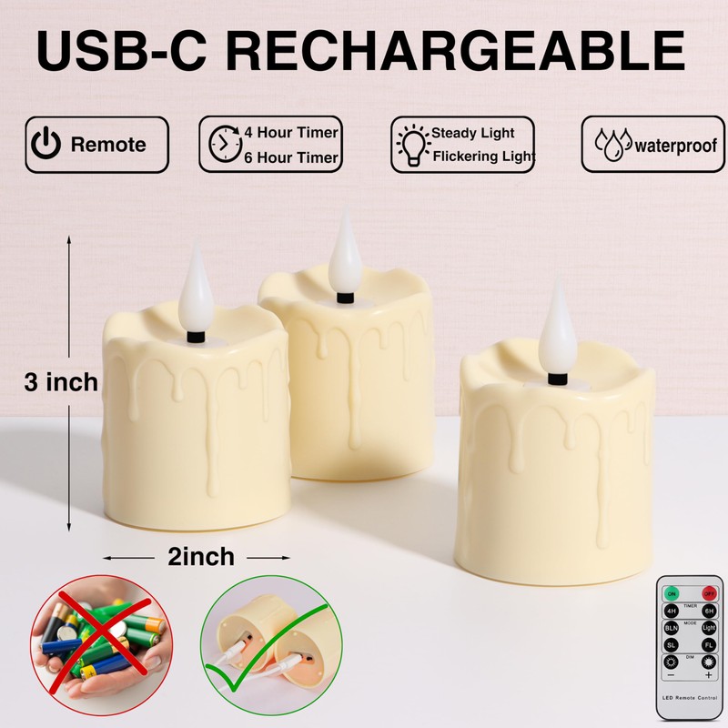 FREEPOWER Rechargeable Flameless LED Votive Candles with Timer Remote -