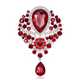 Ezing 4 Pieces Red Rhinestone Crystal Flower Brooch Lot with Big Pendant Pins Fashion Jewelry (Red)