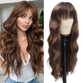 Vomella Long Dark Brown Mixed Chestnut Wave For Women Wig 26 Inch Middle Part Lace Hairline Long Curly Wavy Wig for Women Natural Looking Synthetic Heat Resistant Fiber Wig for Daily Party Use
